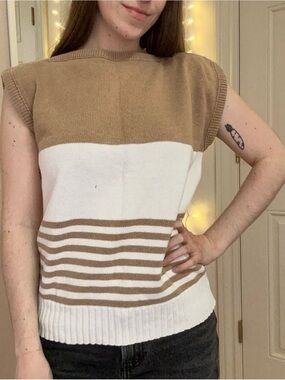 Vintage Tan and White Striped Sweater Top